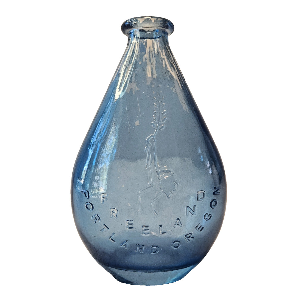 Vintage Blue Glass Qt. Liquor Bottle FREELAND PORTLAND, OR Decorative Nude Woman